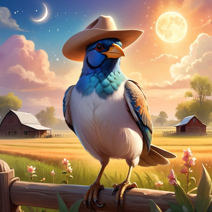 finch bird as a cowboy wearing a hat, in the midwest countryside, on a farm.