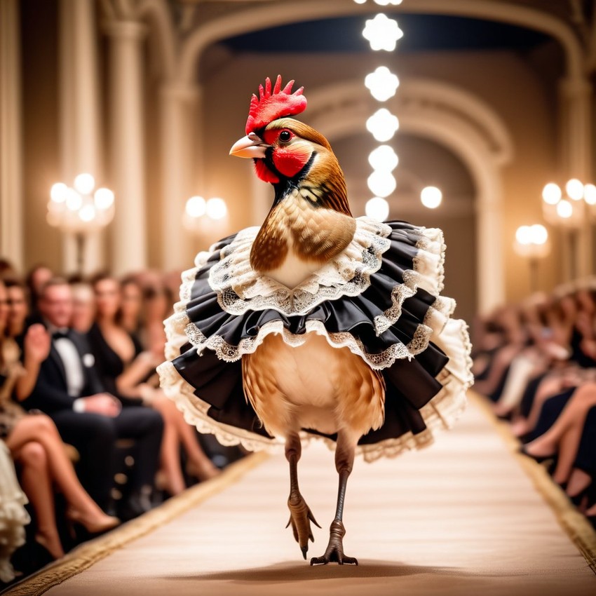 finch bird strutting down the fashion show catwalk stage in a vintage victorian outfit with lace and ruffles, high energy and majestic.