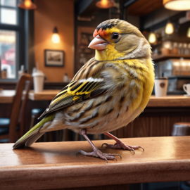 finch bird sitting in a cozy coffee shop, lifelike and detailed.