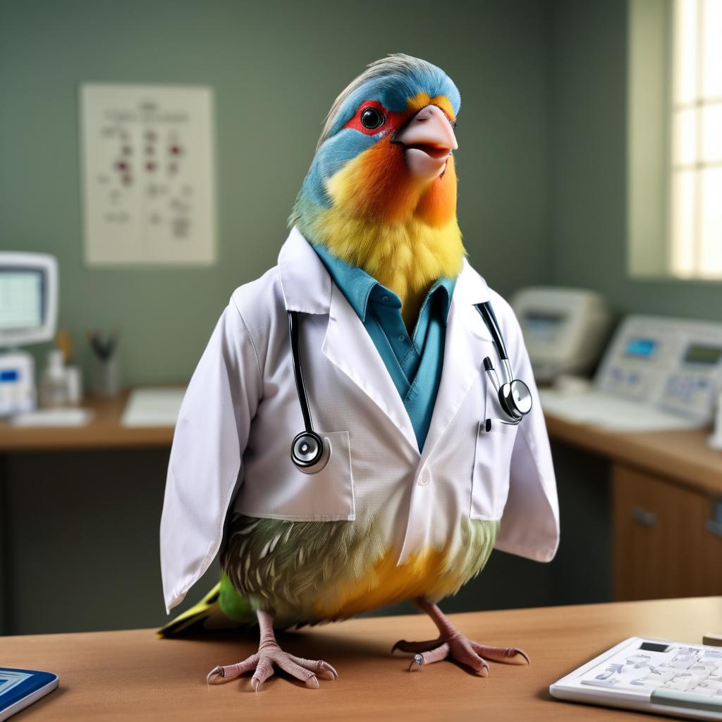 finch bird as a doctor with extreme detail in a studio setting, lifelike and high resolution.