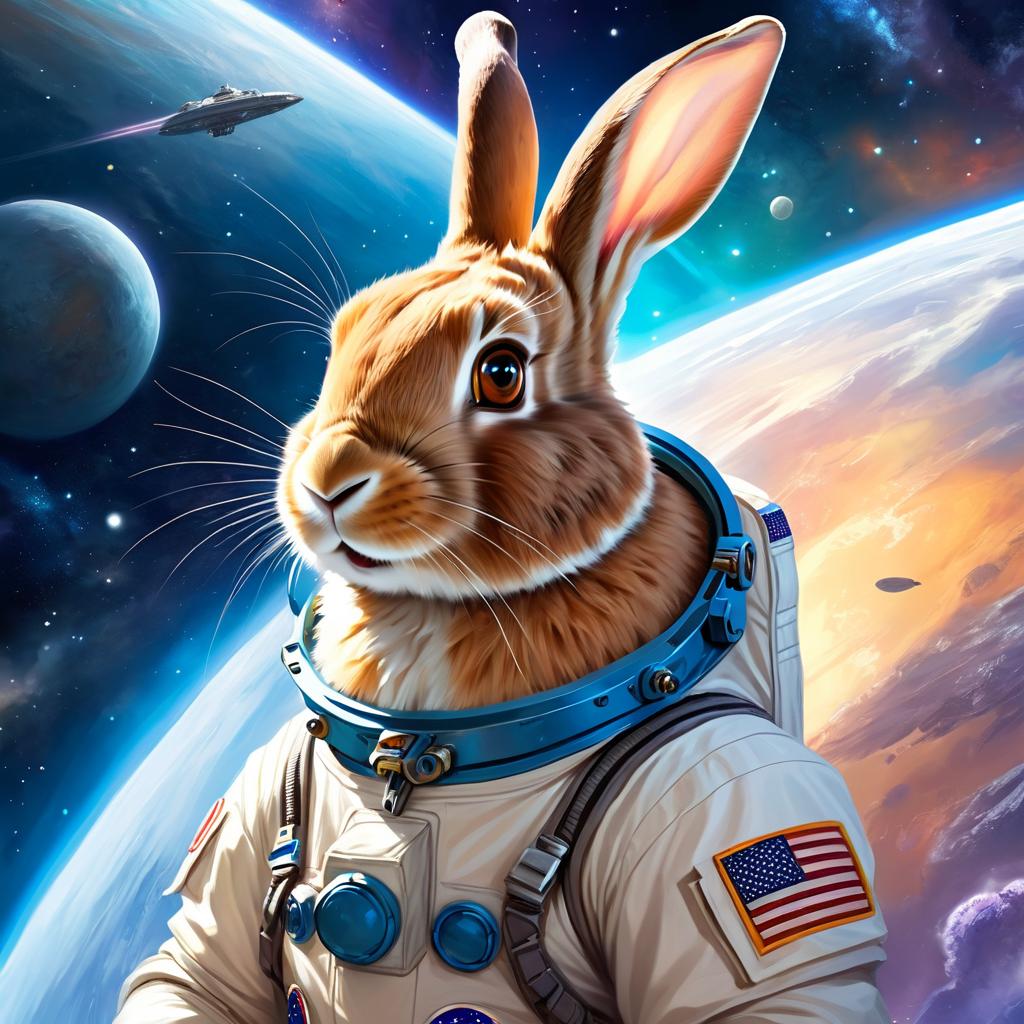 flemish giant rabbit as astronaut in space, ethereal and magical style, wearing spacesuit.