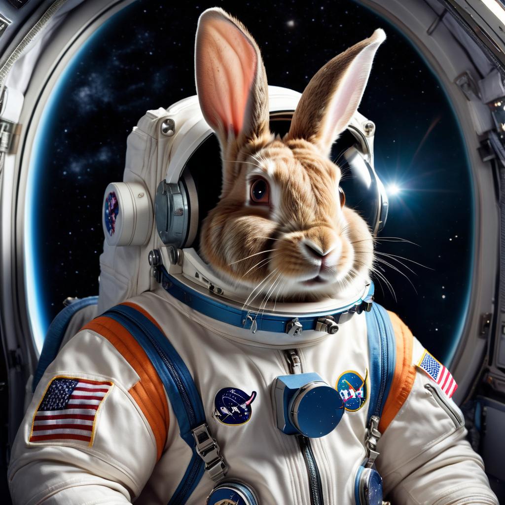 flemish giant rabbit as astronaut in space, wearing spacesuit, highly detailed and lifelike.