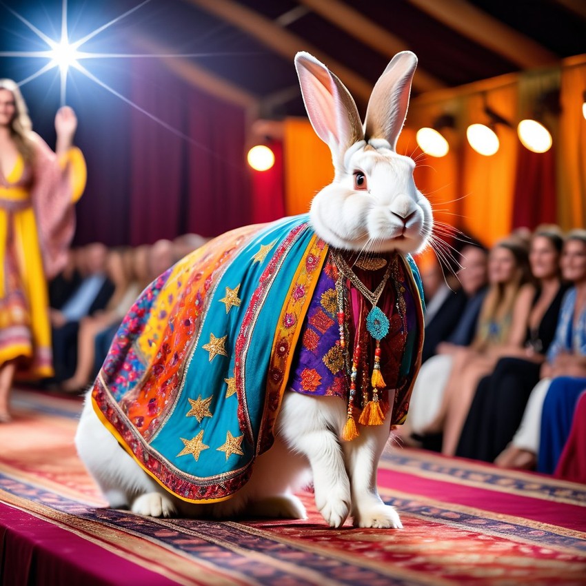 flemish giant rabbit strutting down the fashion show catwalk stage in a colorful bohemian outfit with flowing fabrics, high energy and joyful.