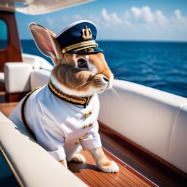 flemish giant rabbit as a captain on a luxury yacht, wearing captain uniform, against a blue sea.