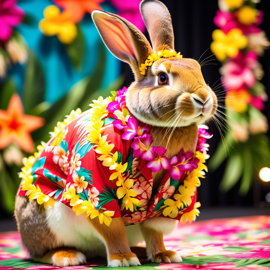 flemish giant rabbit strutting down the fashion show catwalk stage in a vibrant hawaiian shirt and a floral lei, high energy and joyful.