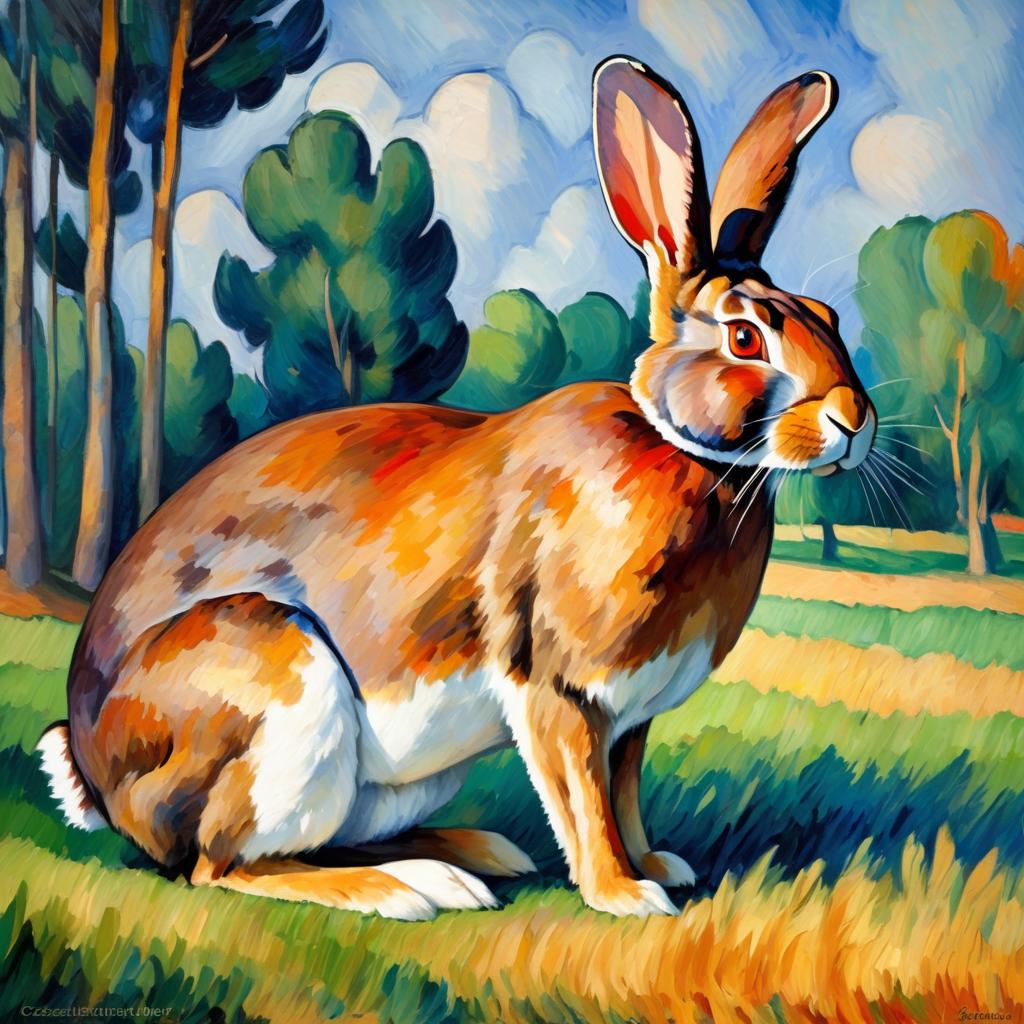 flemish giant rabbit in the style of cezanne, highlighting classic brush strokes and an elegant, timeless look.