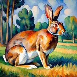 flemish giant rabbit in the style of cezanne, highlighting classic brush strokes and an elegant, timeless look.