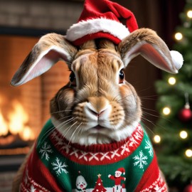 flemish giant rabbit in a christmas sweater and santa hat, lifelike and festive.