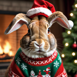 flemish giant rabbit in a christmas sweater and santa hat, lifelike and festive.