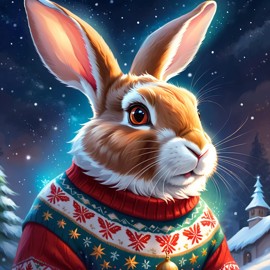 flemish giant rabbit in a christmas sweater and santa hat, ethereal and magical.