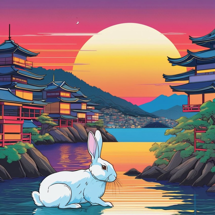 anime artwork of flemish giant rabbit in city pop style, retro vaporwave, night view, summer beach scene.