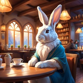 flemish giant rabbit sitting in a cozy coffee shop, ethereal and magical.