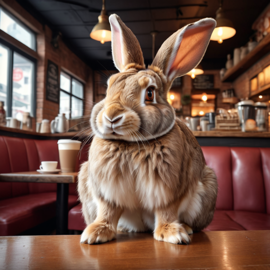 flemish giant rabbit sitting in a cozy coffee shop, lifelike and detailed.