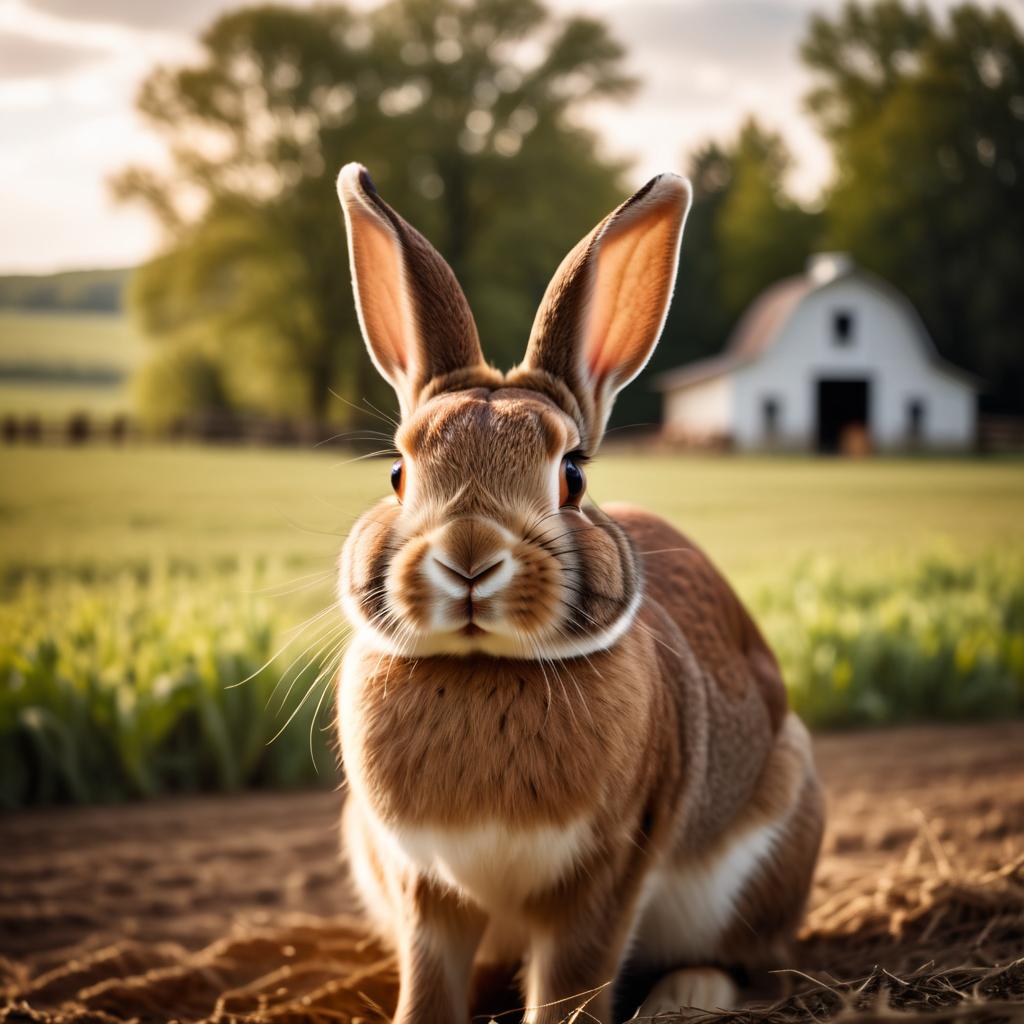 flemish giant rabbit as a cowboy wearing a hat, in the midwest countryside, on a farm.