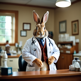 flemish giant rabbit as a doctor in an office, detailed and charming, with high budget, bokeh, and a moody atmosphere.