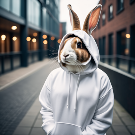 flemish giant rabbit in a white hoodie, showcasing a modern urban setting with a cute and stylish look.