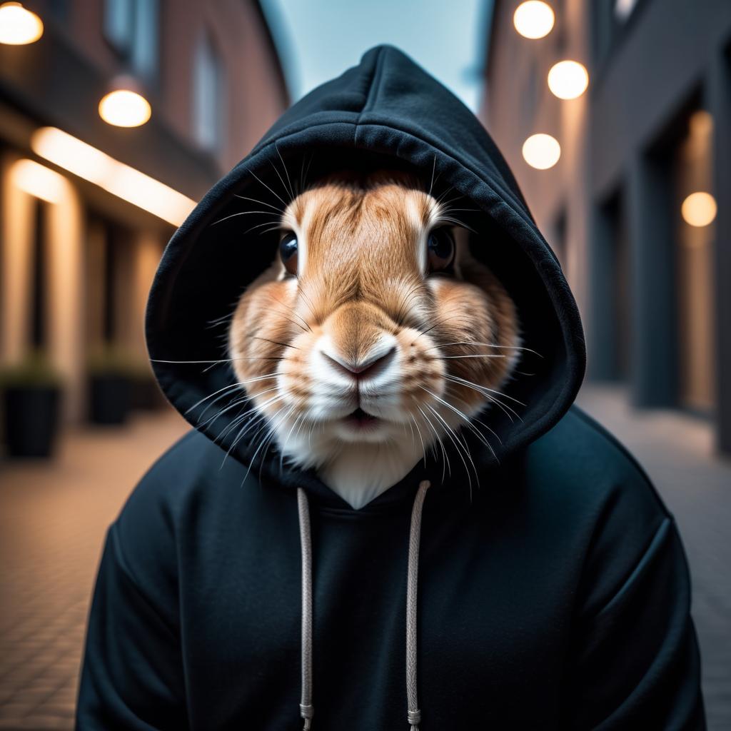 flemish giant rabbit in a black hoodie, set against a modern urban backdrop, emphasizing a stylish and trendy look.