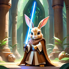 flemish giant rabbit as a jedi knight, with a lightsaber and star wars backdrop in a celestial, painterly style.