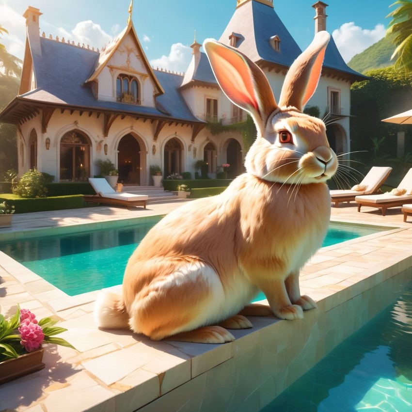 flemish giant rabbit suntanning next to a luxurious villa pool, capturing a posh and magical moment.