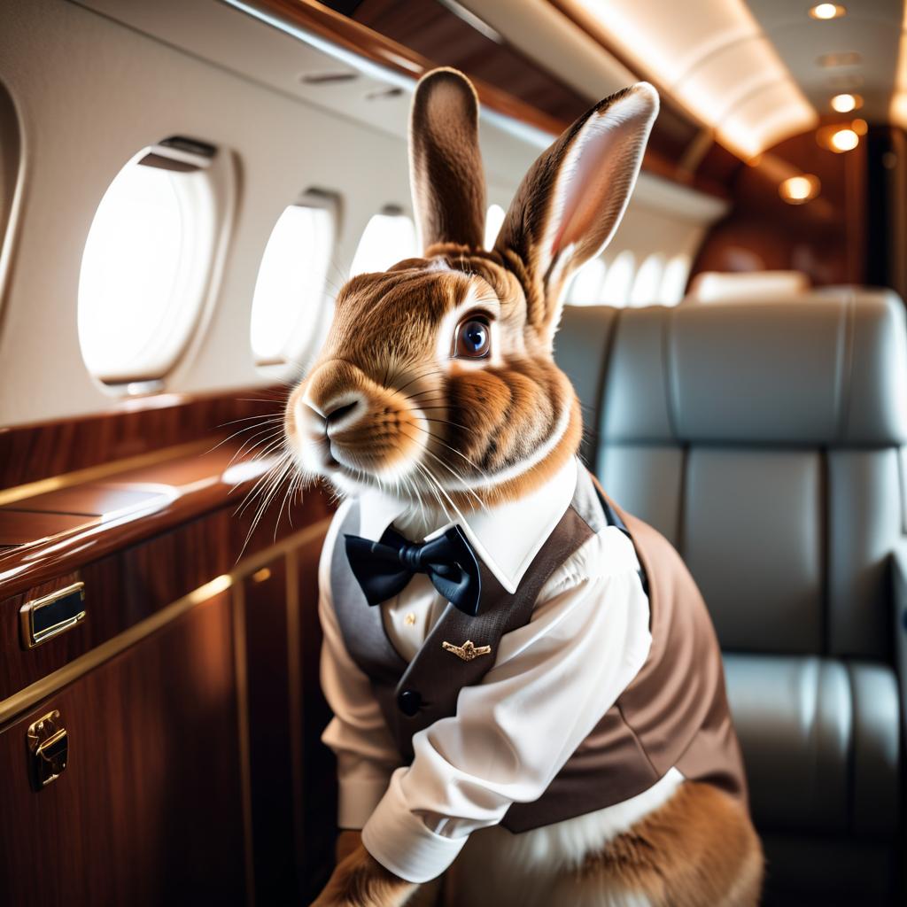 flemish giant rabbit in a gulfstream private jet, dressed in elegant clothing, capturing a posh and happy moment.