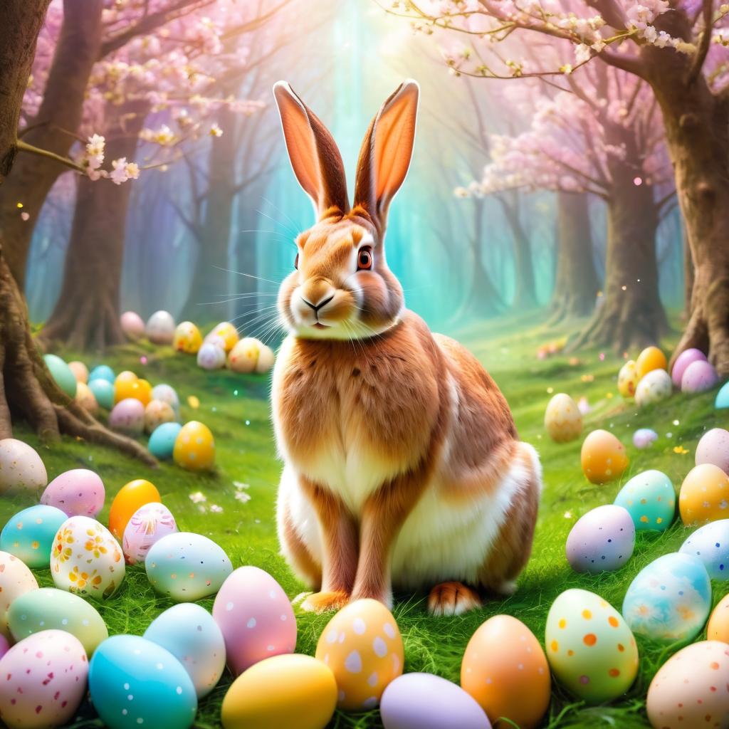 flemish giant rabbit in a magical easter setting with colorful eggs, ethereal and dreamy details.