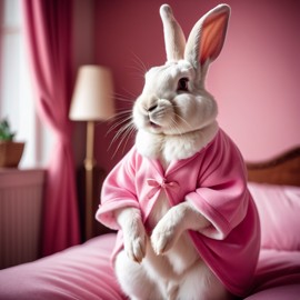 flemish giant rabbit dressed in pink clothing, in a beautiful pink scene, radiating joy and cuteness.