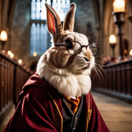 flemish giant rabbit as harry potter, with glasses and hogwarts setting, capturing the magical and epic essence.