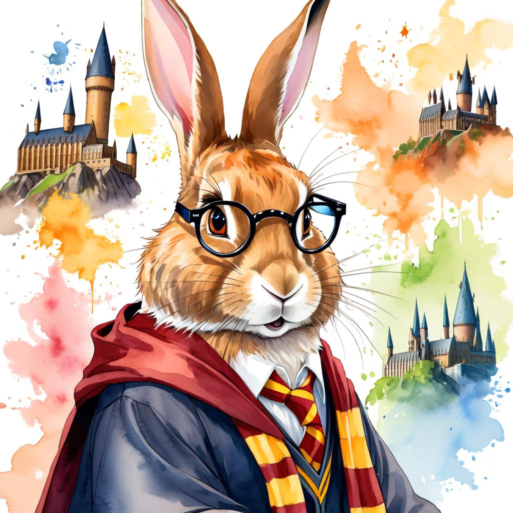 watercolor painting of flemish giant rabbit as harry potter, complete with glasses and hogwarts backdrop, highlighting a vibrant and magical scene.