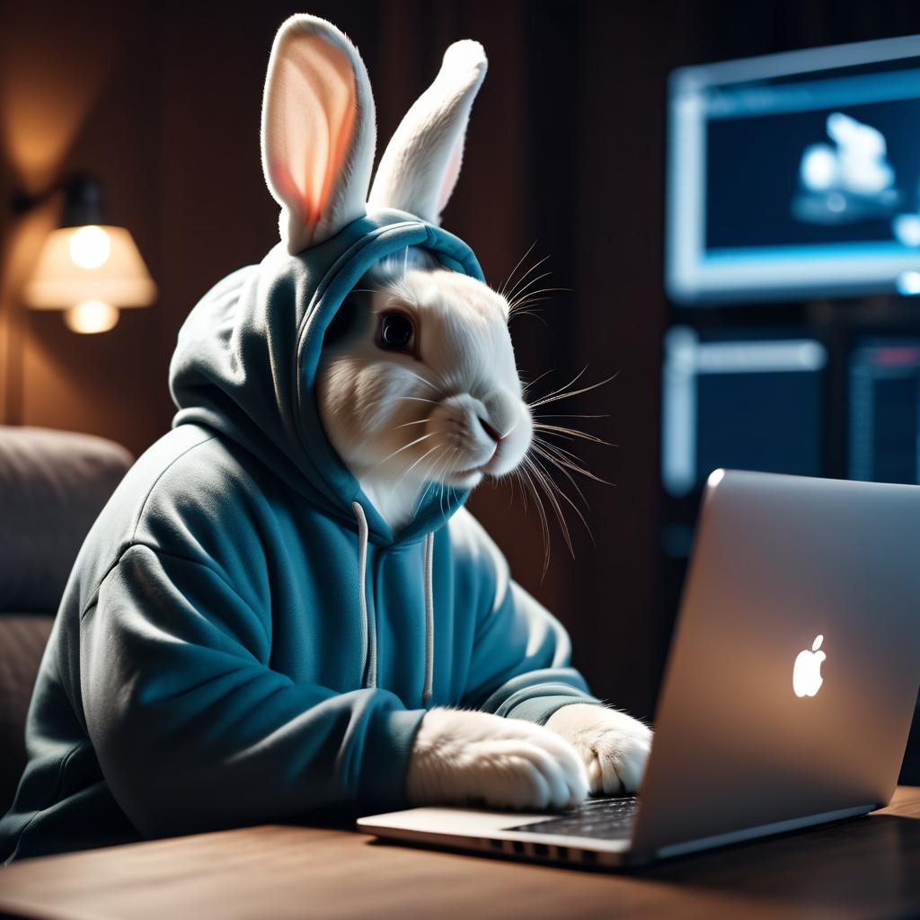 flemish giant rabbit as a programmer, working on a laptop in a hoodie, capturing a cute and happy moment.