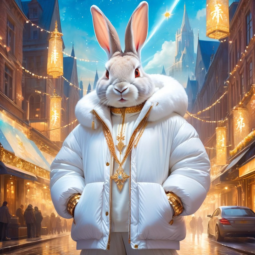 flemish giant rabbit in a white puffer coat with golden hip hop chains, in a posh urban environment, looking cute and happy.