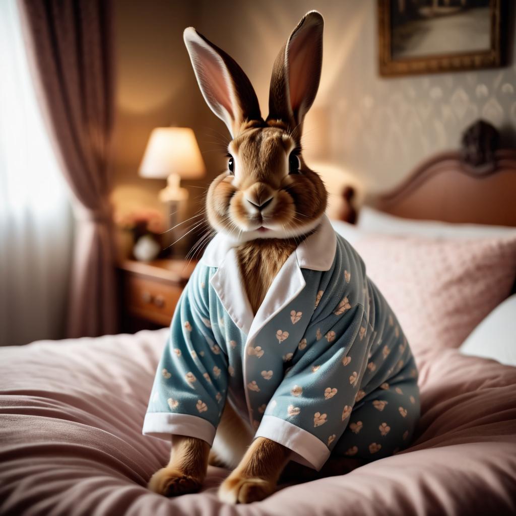 flemish giant rabbit in cute pyjamas, relaxing in a beautiful posh bedroom, highlighting happiness and coziness.