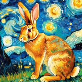 flemish giant rabbit by van gogh, featuring starry night brush strokes, capturing a cute and happy expression.