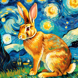 flemish giant rabbit by van gogh, featuring starry night brush strokes, capturing a cute and happy expression.