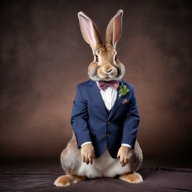 flemish giant rabbit in a stylish suit, posing against a diffused background, looking cute and professional.