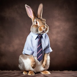 flemish giant rabbit in a stylish shirt and tie, with a diffused background, capturing their cute and professional side.