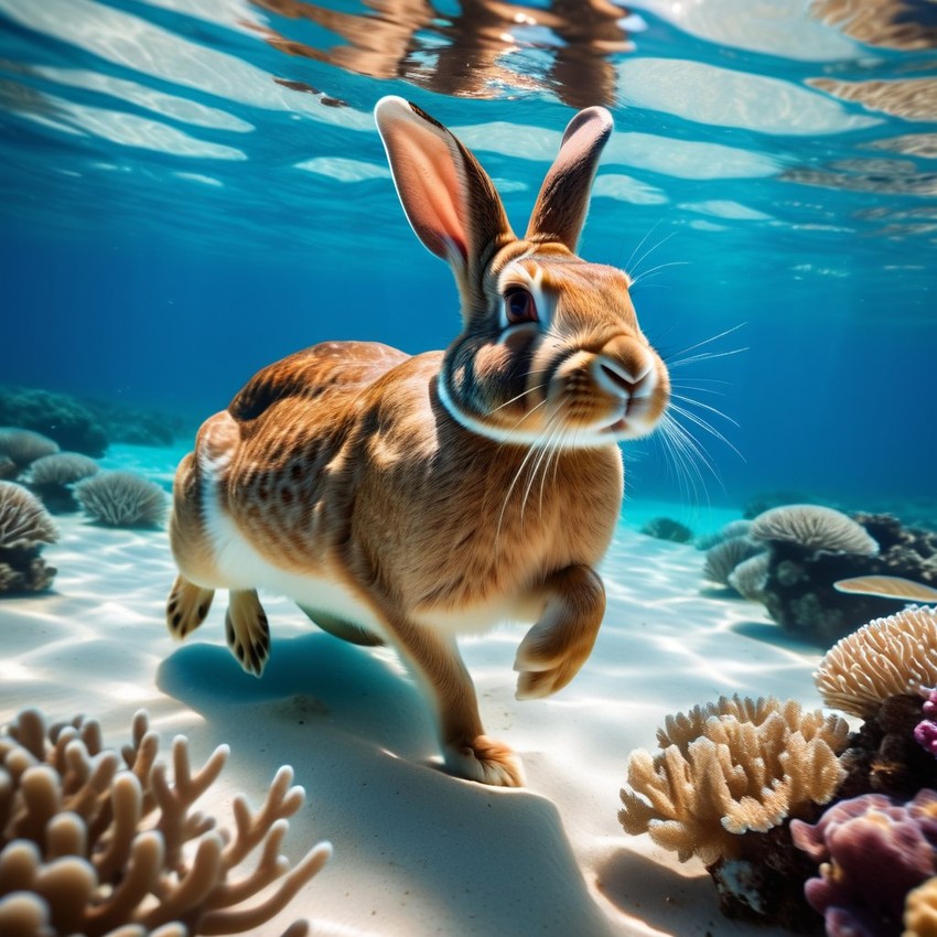 flemish giant rabbit swimming in a vibrant blue ocean with fish and coral reef, capturing a sunny and happy underwater scene.