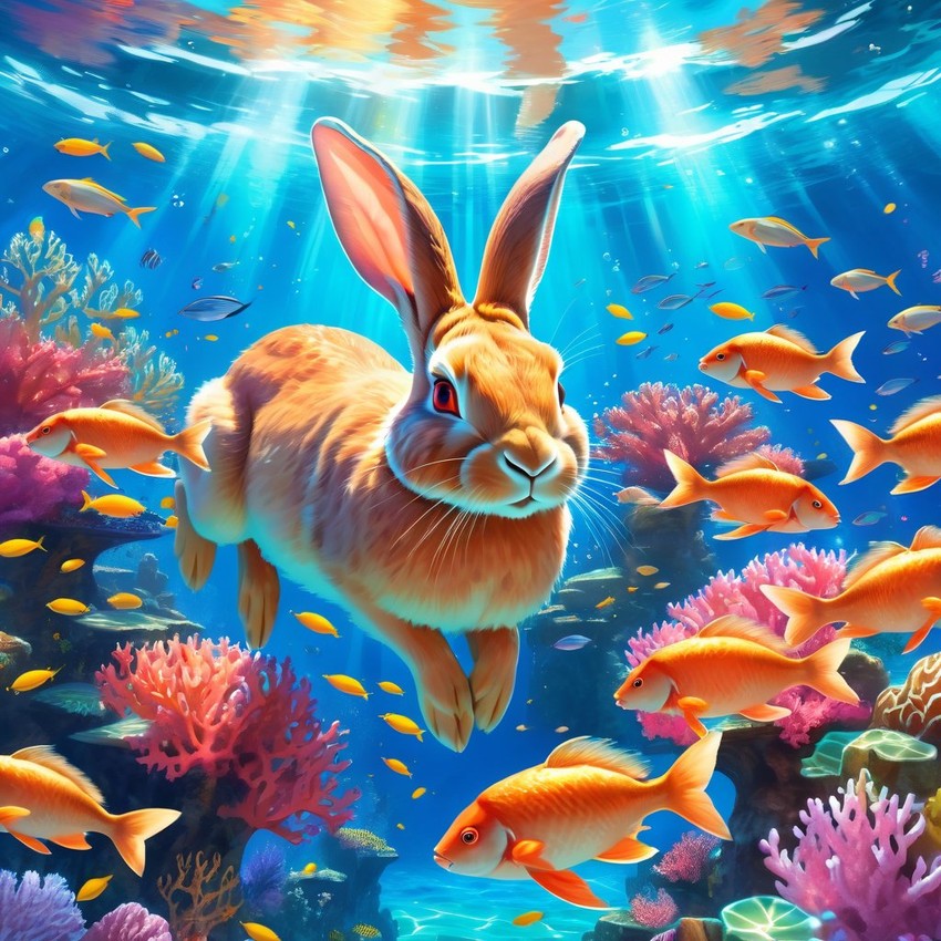 flemish giant rabbit swimming in a magical blue ocean with colorful fish and coral reef, capturing a dreamy and adventurous underwater scene.