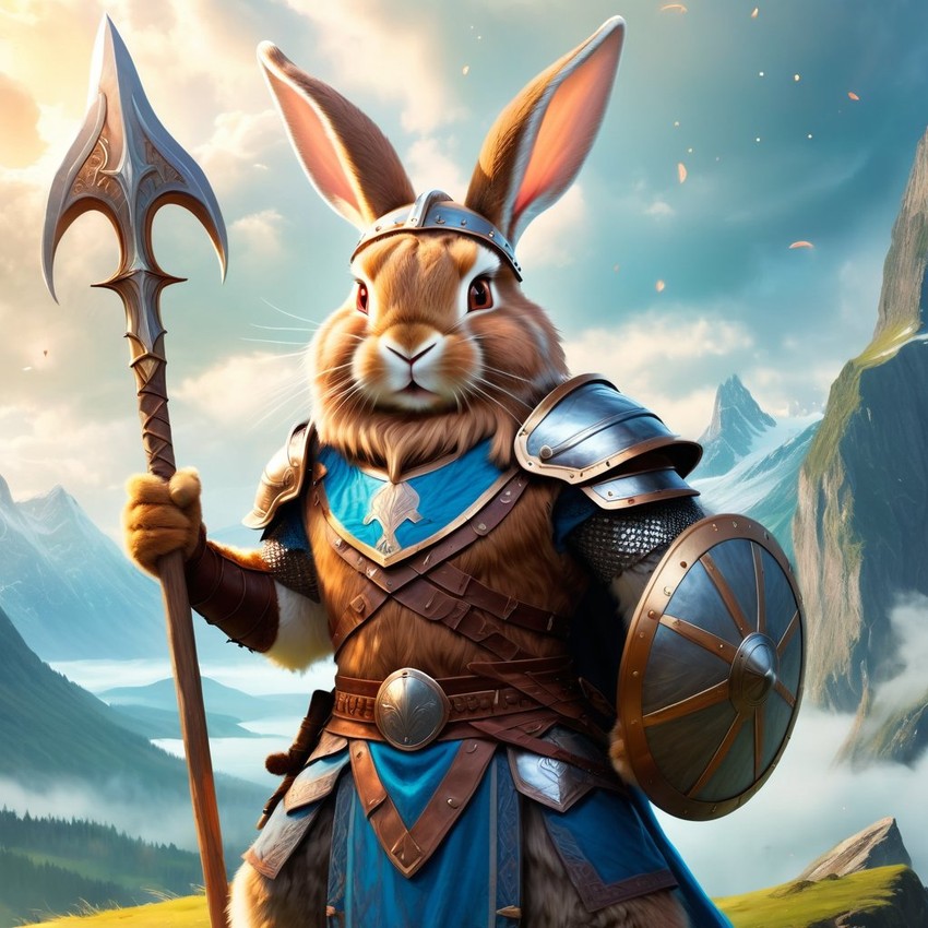 flemish giant rabbit as a viking, wearing traditional armor and helmet, in a magical viking environment.