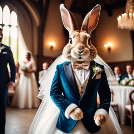 flemish giant rabbit in a beautiful wedding suit, capturing a cute and happy moment in a romantic environment.