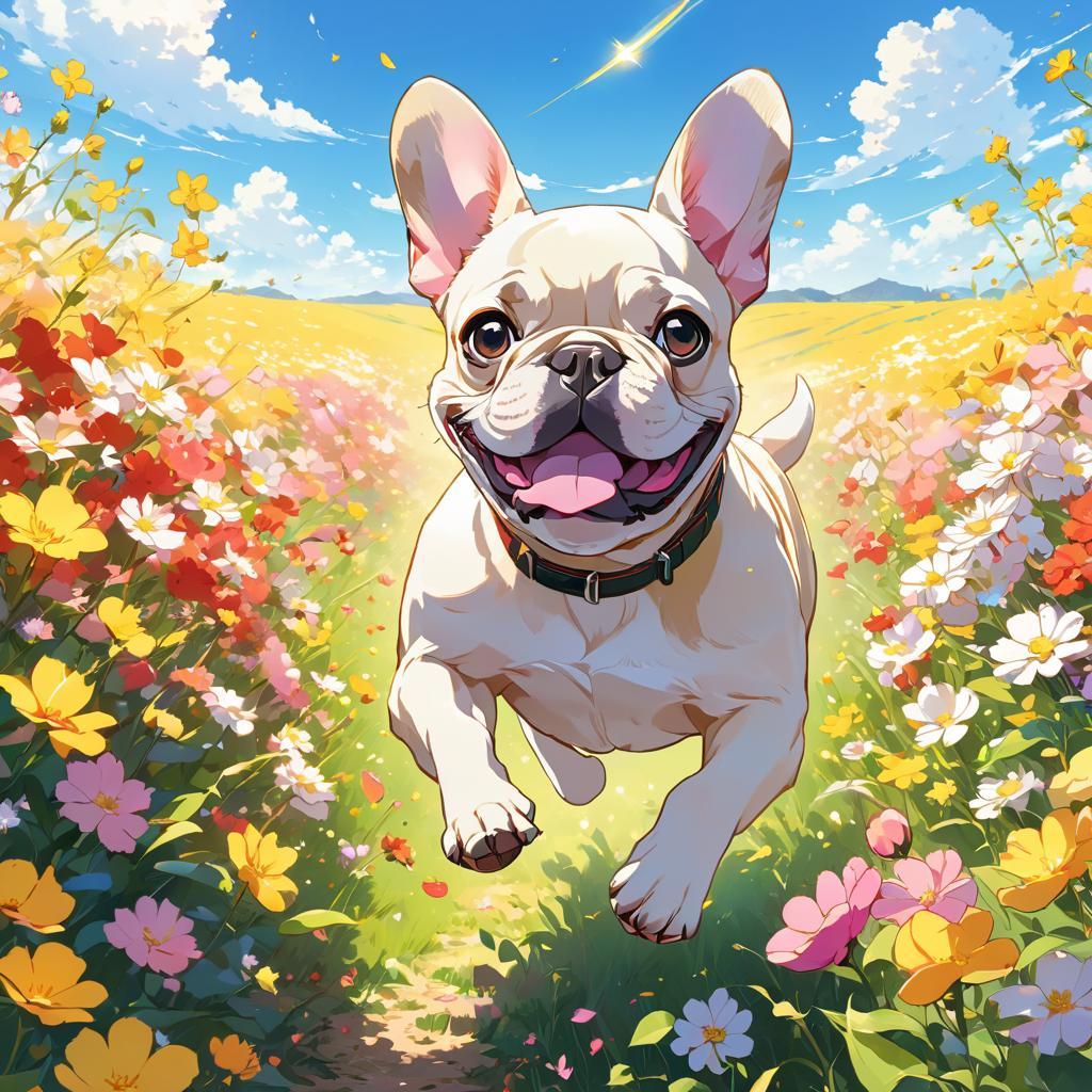 anime artwork of french bulldog running through a vibrant field of flowers with clear blue skies.