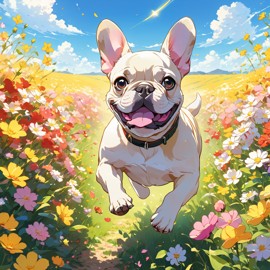 anime artwork of french bulldog running through a vibrant field of flowers with clear blue skies.