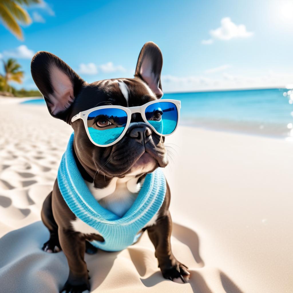 french bulldog on a beautiful beach with white sand and blue sea, wearing sunglasses.