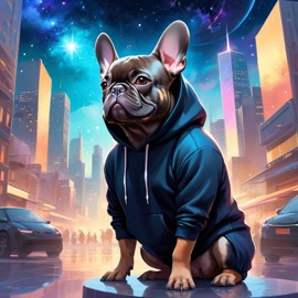 french bulldog in a black hoodie, set in a magical urban environment with a celestial and cute appearance.