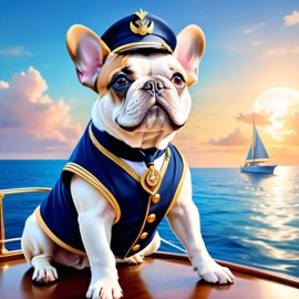 french bulldog as a captain on a luxury yacht, wearing captain uniform, ethereal and majestic.