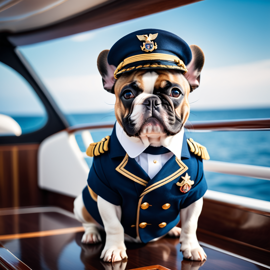 french bulldog as a captain on a luxury yacht, wearing captain uniform, against a blue sea.