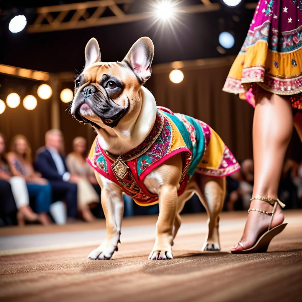 french bulldog strutting down the fashion show catwalk stage in a colorful bohemian outfit with flowing fabrics, high energy and joyful.