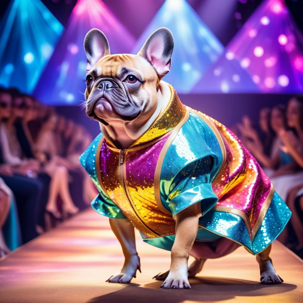 french bulldog strutting down the fashion show catwalk stage in an extravagant cosmic-themed outfit with iridescent fabrics, high energy and extravagant.