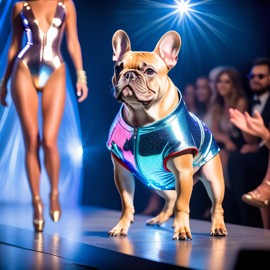 french bulldog strutting down the fashion show catwalk stage in a sleek metallic bodysuit with led accents, high energy and dramatic.