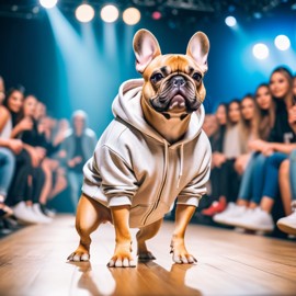 french bulldog strutting down the fashion show catwalk stage in trendy streetwear including a cool hoodie and sneakers, high energy and trendy.