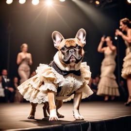 french bulldog strutting down the fashion show catwalk stage in a vintage victorian outfit with lace and ruffles, high energy and majestic.